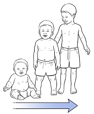 Bebé regordete de 6 meses. Bebé regordete de 12 a 18 meses. Niño de 3 años de edad delgado. La flecha muestra cómo el bebé crece hasta convertirse en un niño pequeño delgado.